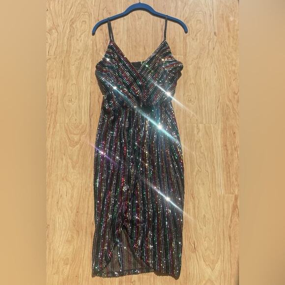 |Betsey Johnson| Rainbow Black Sequins Asymmetrical Midi Dress NWT Size 12 - Picture 3 of 6